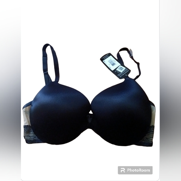 Maidenform Black Smooth Padded Push Up Bra with Lace Trim & Tan Mesh - Picture 1 of 2